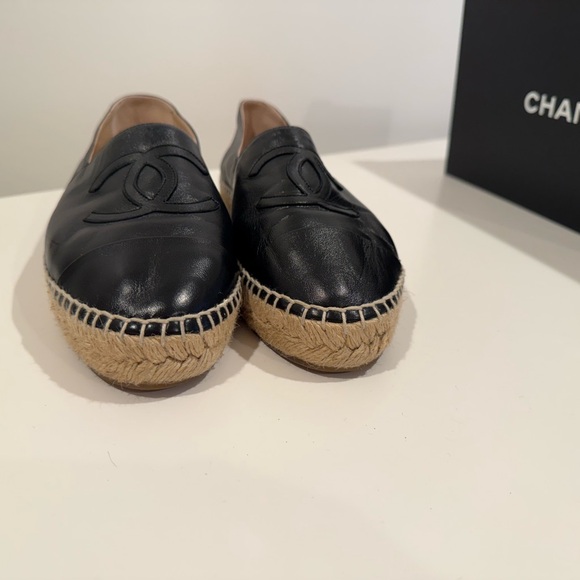 Chanel Black Lamb Skin Leather Espadrilles with Embossed Logo